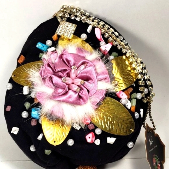 Black Coin Purse with Pink Satin Flower, Gems & Gold Leaf – Statement Mini Bag - Picture 3 of 11